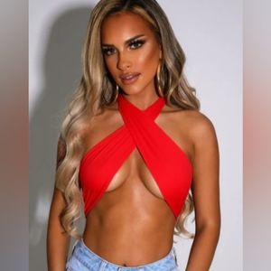 BABYBOO XAVIA CROP HALTER TOP/BATHING SUIT TOP-REAL RED SIZE XS NWT
